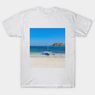 A paradise lagoon beach with a blue longtail boat T-Shirt